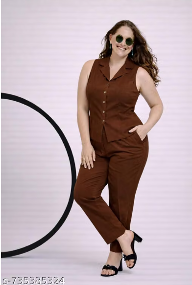 Brown Sleeveless Co-ord Set for Women - Formal Vest Waistcoat Top with Straight Pant Set