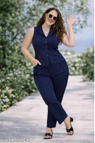 Navy Blue Sleeveless Co-ord Set for Women - Formal Vest Waistcoat Top with Straight Pant Set