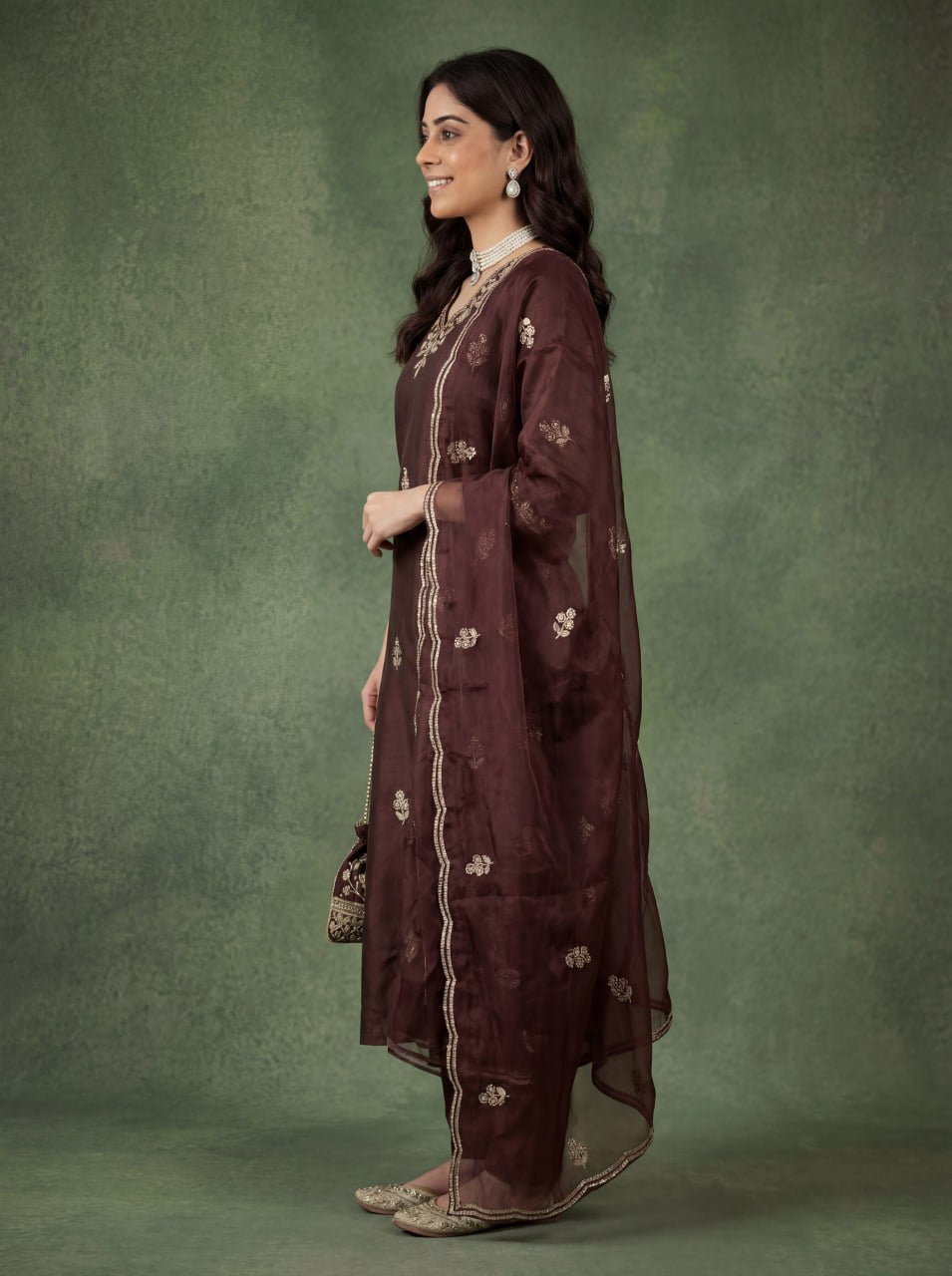 Elegant Chocolate Brown Embroidered Kurta Pant Set with Dupatta