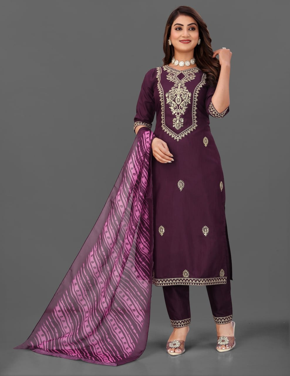 Elegant Wine Purple Embroidered Kurta Pant Set with Printed Dupatta