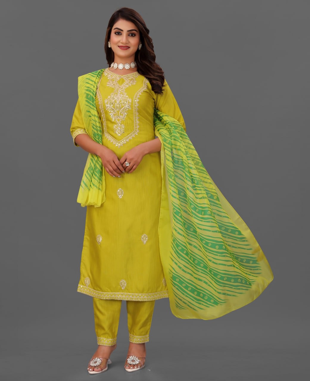 Elegant Mustard Yellow Embroidered Suit Set with Green Printed Dupatta