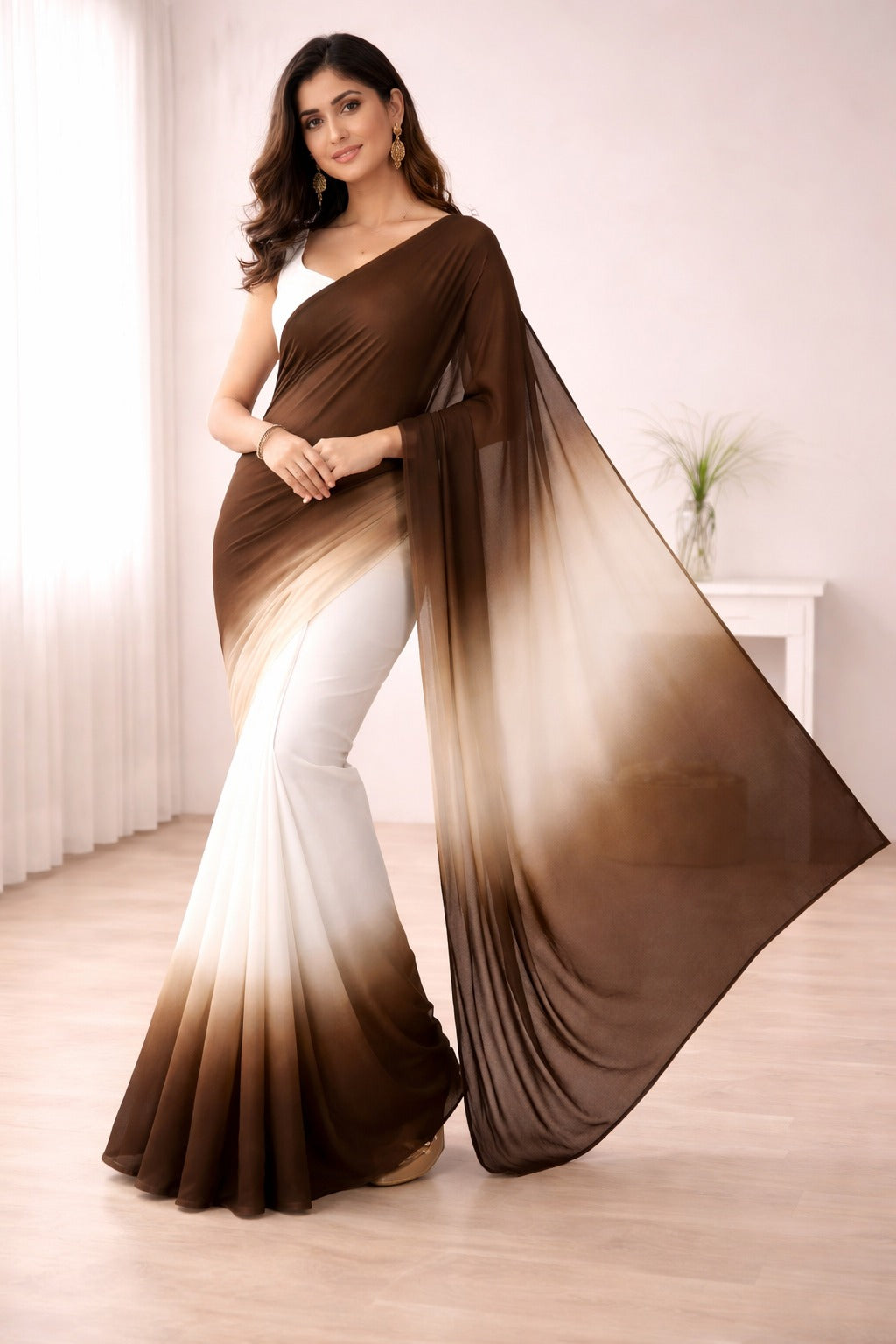 Elegant Brown Ombre Georgette Saree with White Blouse