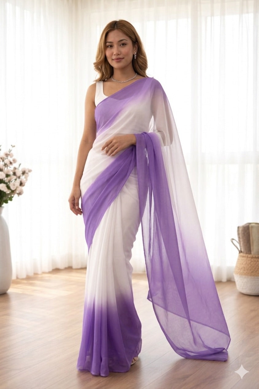 Elegant White & Lavender Ombre Saree with Sleeveless Blouse