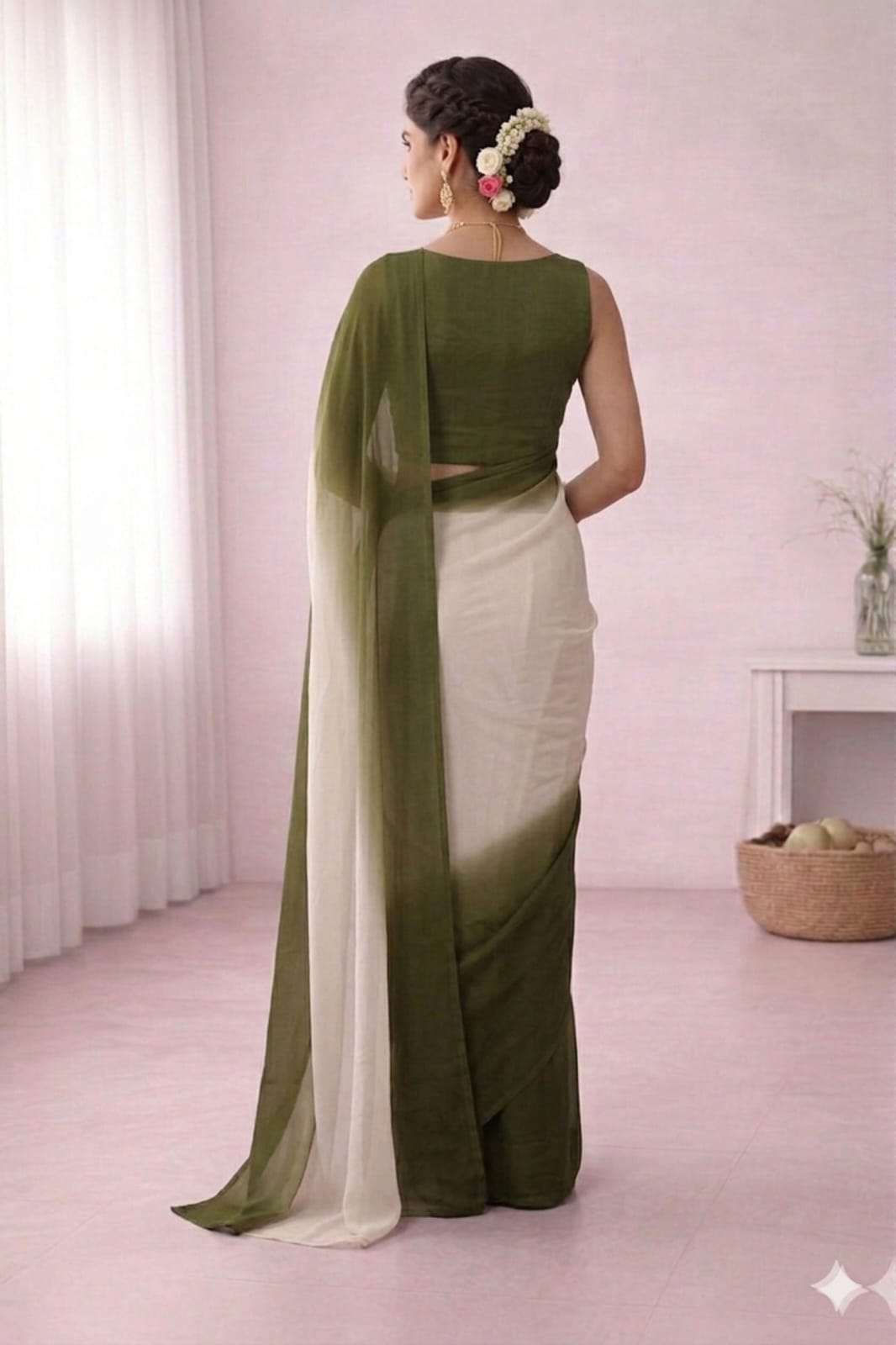Elegant Olive Green & White Ombre Saree
