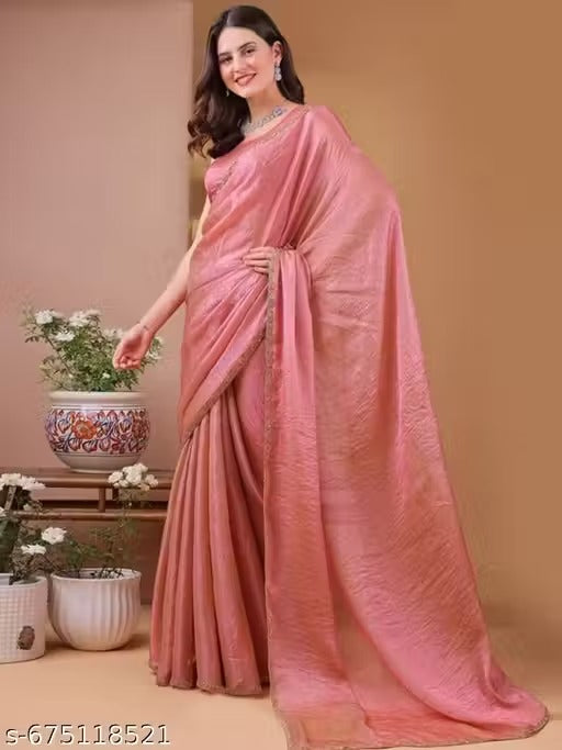 Elegant Blush Pink Satin Saree with Embellished Border