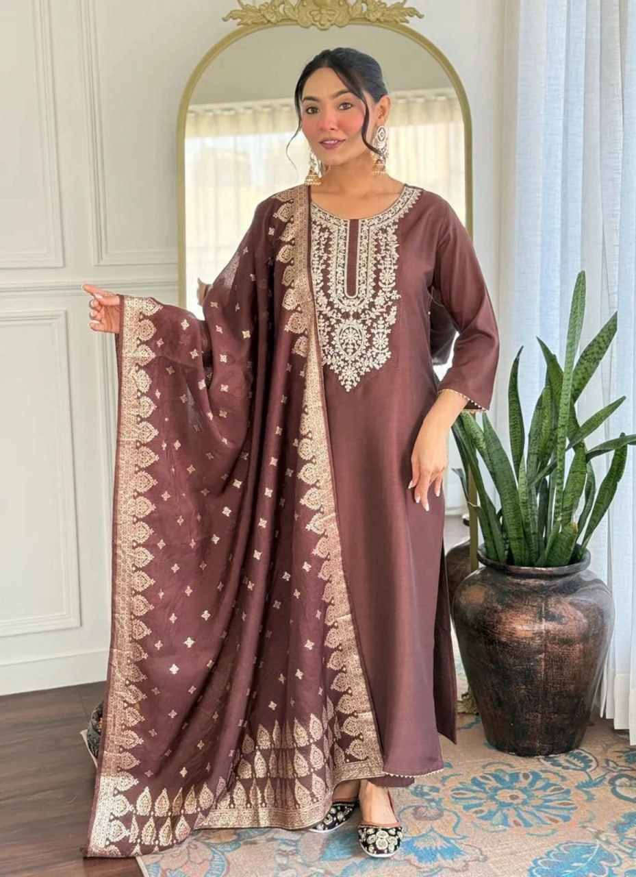 Elegant Brown Embroidered Women’s Suit Set with Designer Dupatta