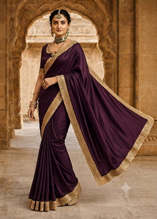 Royal Wine Purple Saree with Golden Border