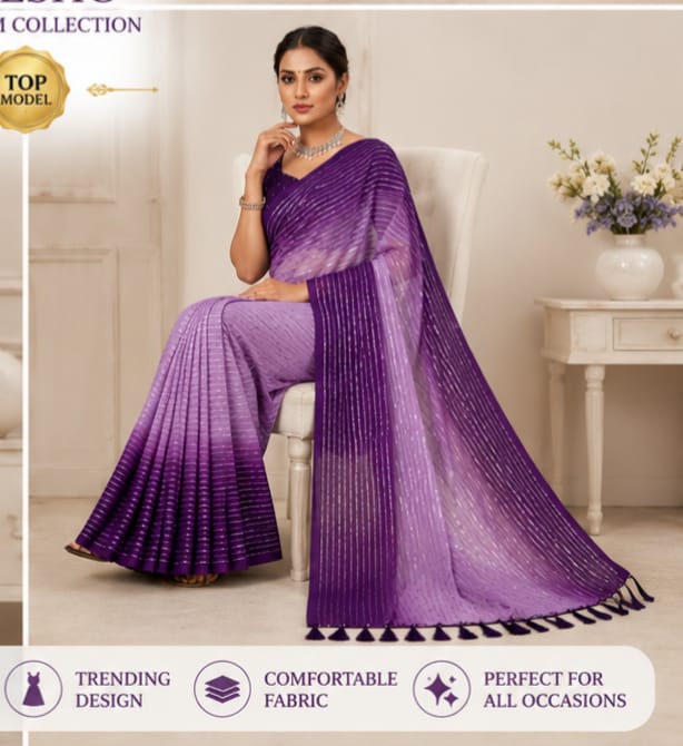 Elegant Purple Designer Saree with Silver Stripes