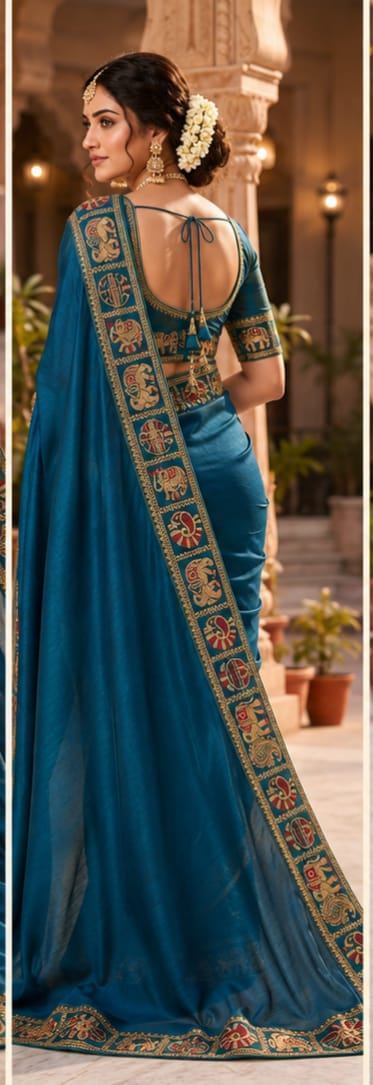 Royal Blue Handloom Saree with Traditional Embroidered Border
