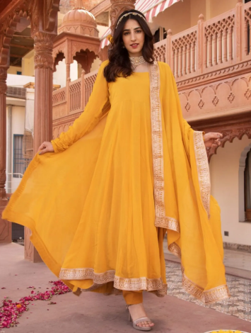 Elegant Mustard Yellow Embroidered Anarkali Suit Set with Dupatta