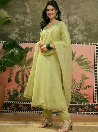 Elegant Pastel Green Embroidered Kurta Pant Set with Dupatta