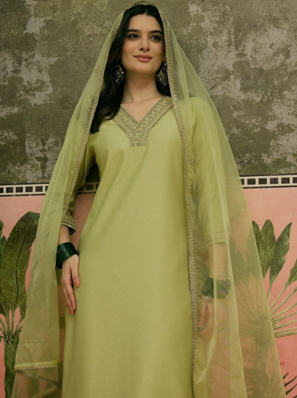 Elegant Pastel Green Embroidered Kurta Pant Set with Dupatta