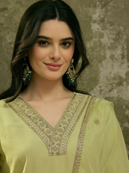Elegant Pastel Green Embroidered Kurta Pant Set with Dupatta