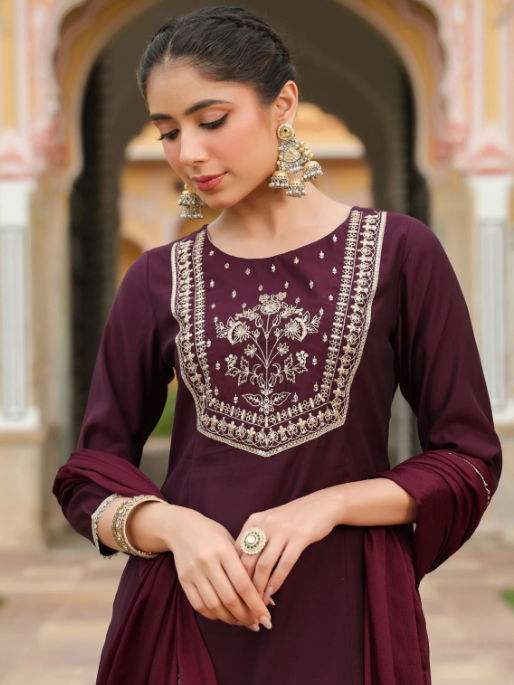 Elegant Wine Maroon Embroidered Kurta Palazzo Set with Dupatta