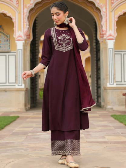 Elegant Wine Maroon Embroidered Kurta Palazzo Set with Dupatta