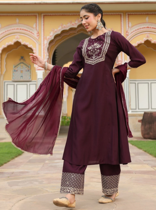 Elegant Wine Maroon Embroidered Kurta Palazzo Set with Dupatta