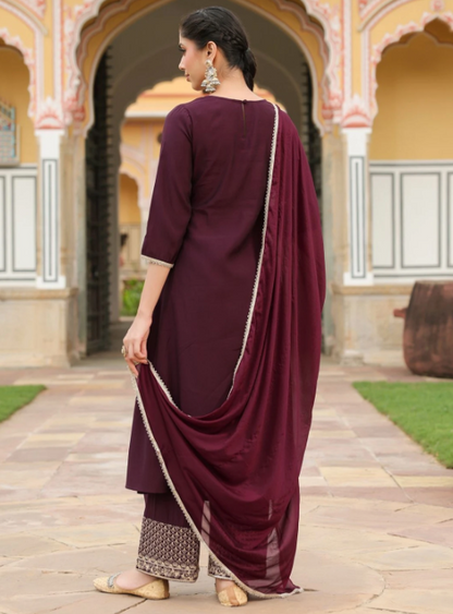 Elegant Wine Maroon Embroidered Kurta Palazzo Set with Dupatta