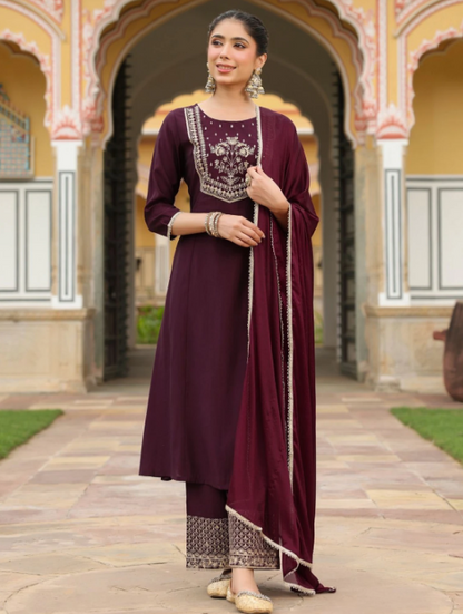 Elegant Wine Maroon Embroidered Kurta Palazzo Set with Dupatta
