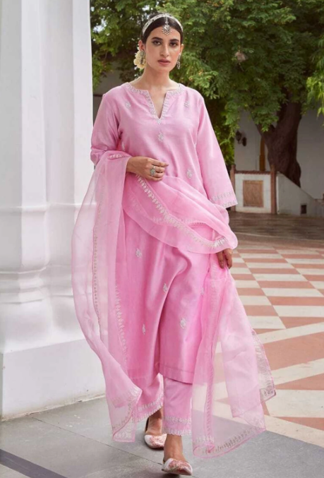 Elegant Pink Embroidered Cotton Suit Set with Dupatta