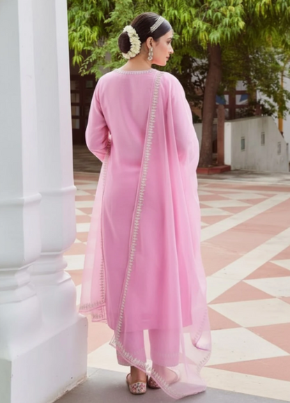 Elegant Pink Embroidered Cotton Suit Set with Dupatta