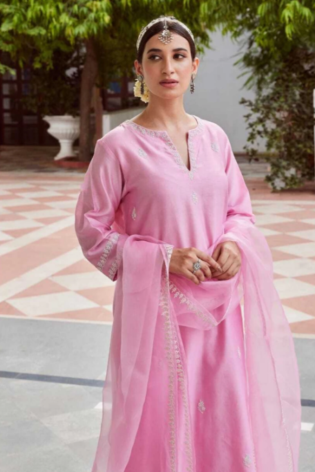 Elegant Pink Embroidered Cotton Suit Set with Dupatta