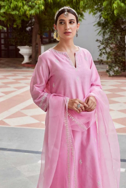 Elegant Pink Embroidered Cotton Suit Set with Dupatta