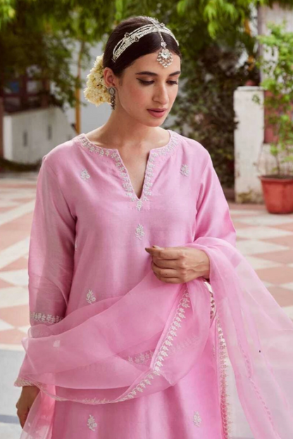 Elegant Pink Embroidered Cotton Suit Set with Dupatta