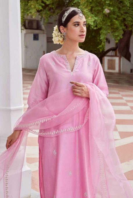 Elegant Pink Embroidered Cotton Suit Set with Dupatta