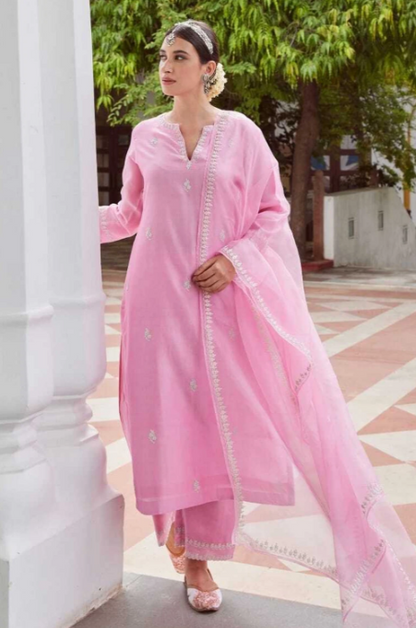 Elegant Pink Embroidered Cotton Suit Set with Dupatta