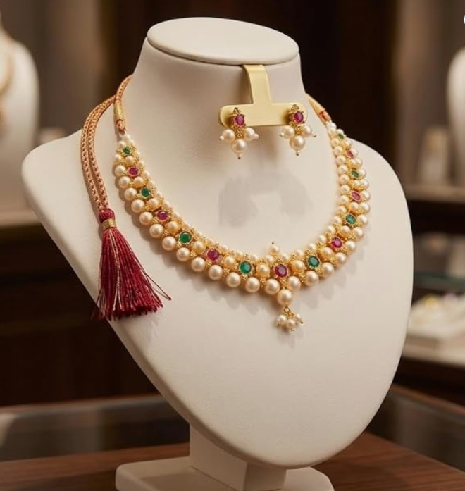 Traditional Gold-Plated Guttapusalu Choker & Earring Set