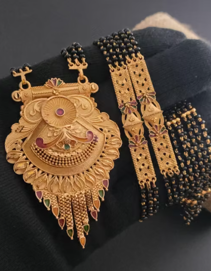 Traditional Gold-Plated Long Mangalsutra with Big Crescent Pendant