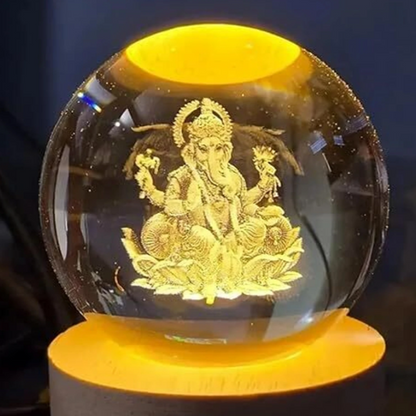 Golden Ganesha Crystal Ball LED Decorative Lamp with Wooden Base