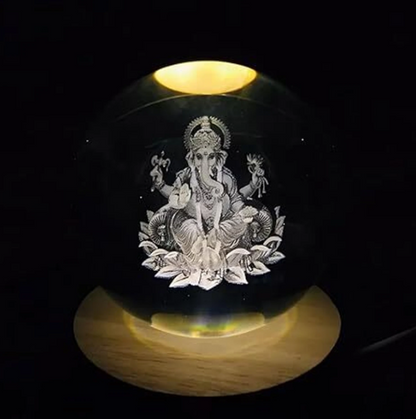 Golden Ganesha Crystal Ball LED Decorative Lamp with Wooden Base