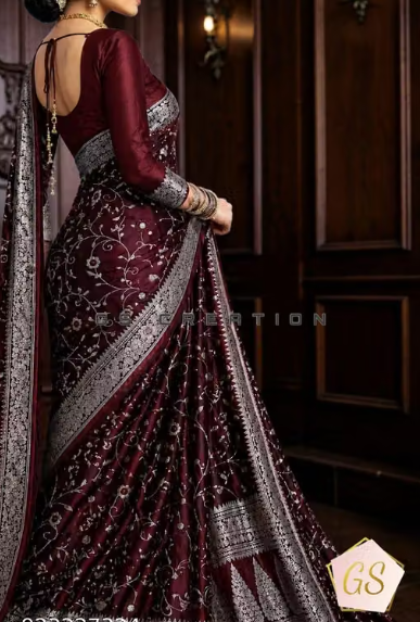 Elegant Wine Maroon Embroidered Designer Saree with Silver Border