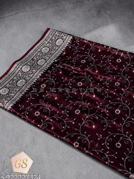 Elegant Wine Maroon Embroidered Designer Saree with Silver Border