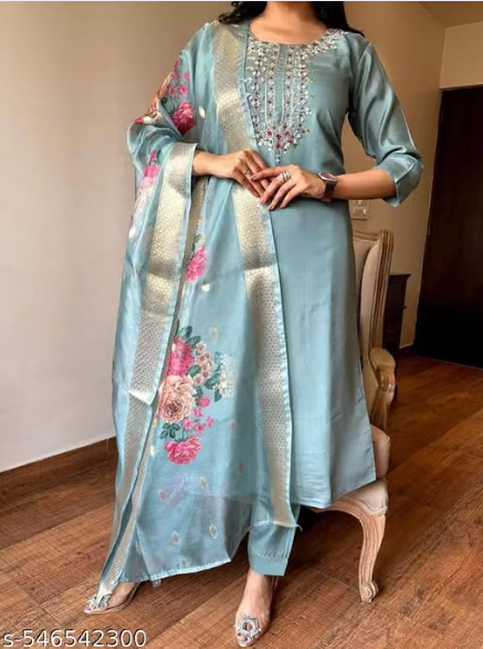 Elegant  Embroidered Silk Kurta Set with Dupatta