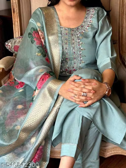 Elegant  Embroidered Silk Kurta Set with Dupatta