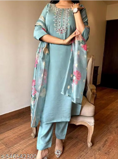 Elegant  Embroidered Silk Kurta Set with Dupatta