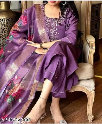 Elegant  Embroidered Silk Kurta Set with Dupatta