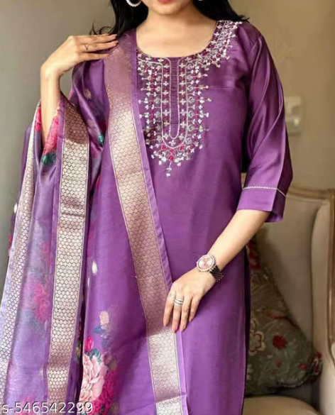 Elegant  Embroidered Silk Kurta Set with Dupatta