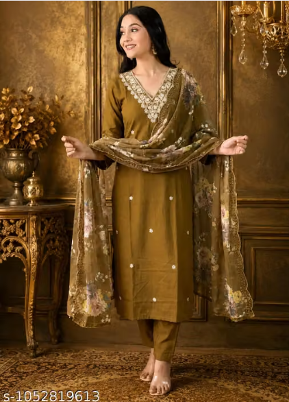Olive Green Embroidered Kurta Set with Floral Dupatta