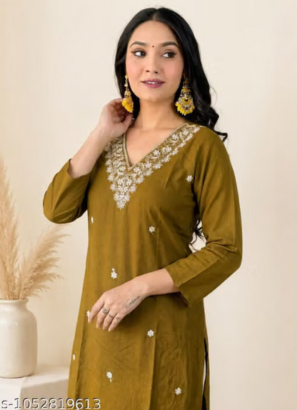 Olive Green Embroidered Kurta Set with Floral Dupatta