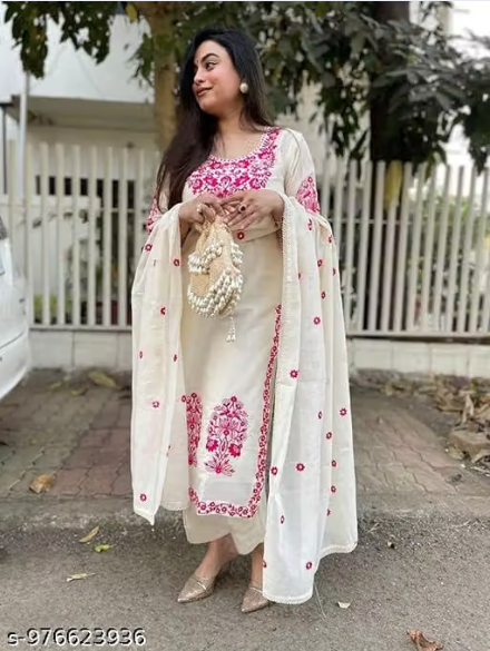 Women’s Cream Embroidered Kurta Set with Dupatta – Pink Floral Work