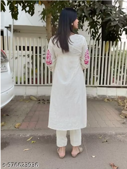 Women’s Cream Embroidered Kurta Set with Dupatta – Pink Floral Work