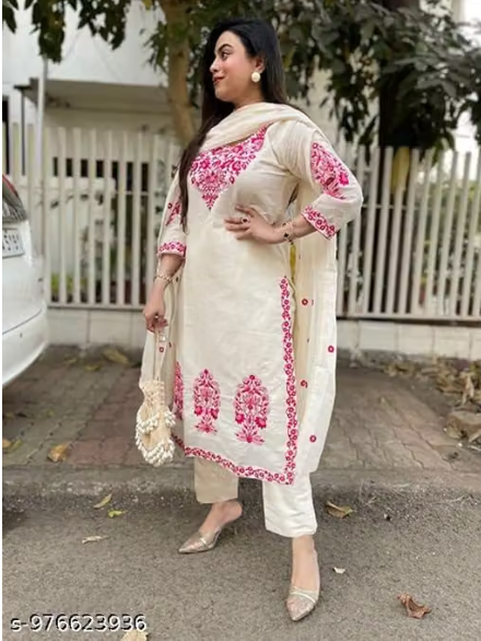 Women’s Cream Embroidered Kurta Set with Dupatta – Pink Floral Work