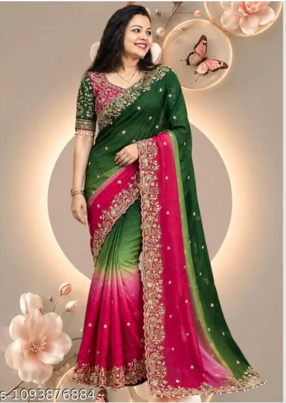Mehendi Green Pink Fancy Georgette Saree for Family Functions
