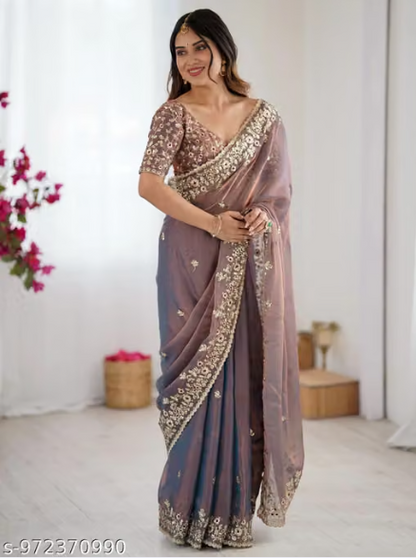Women’s Designer Embroidered Saree – Mauve & Purple