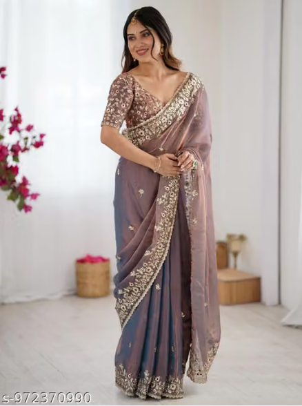 Women’s Designer Embroidered Saree – Mauve & Purple