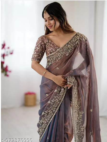 Women’s Designer Embroidered Saree – Mauve & Purple