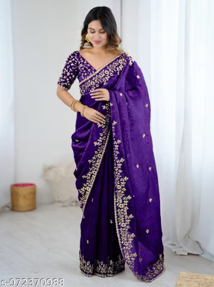Women’s Designer Embroidered Saree – Mauve & Purple